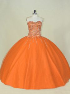 Graceful Orange Tulle Lace Up Sweet 16 Quinceanera Dress Sleeveless Floor Length Beading