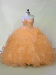 Modern Orange Ball Gowns Beading and Ruffles Quinceanera Dresses Lace Up Organza Sleeveless