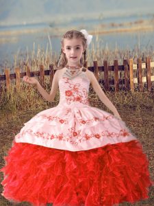 Beautiful Floor Length Lace Up Pageant Gowns Coral Red for Wedding Party with Beading and Embroidery and Ruffles