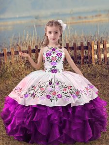 Purple Ball Gowns Organza Scoop Sleeveless Embroidery and Ruffles Floor Length Lace Up Pageant Dresses