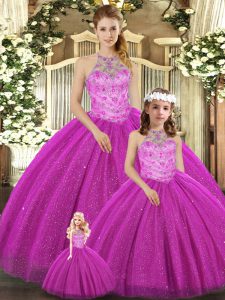 New Arrival Fuchsia Lace Up Halter Top Beading Quinceanera Gowns Tulle Sleeveless