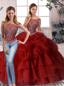 Discount Wine Red Sleeveless Beading and Pick Ups Zipper Quinceanera Gown