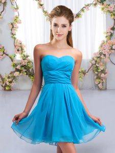 Fashion Aqua Blue Chiffon Lace Up Court Dresses for Sweet 16 Sleeveless Mini Length Ruching