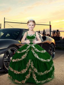 Popular Dark Green Lace Up Straps Embroidery Little Girls Pageant Dress Wholesale Satin Sleeveless