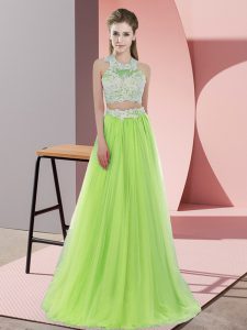 Yellow Green Quinceanera Dama Dress Wedding Party with Lace Halter Top Sleeveless Zipper