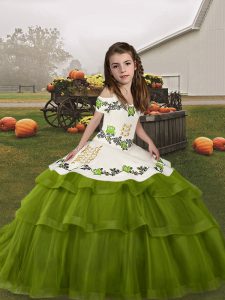 Olive Green Ball Gowns Straps Sleeveless Tulle Floor Length Lace Up Embroidery and Ruffled Layers Pageant Dress for Teens
