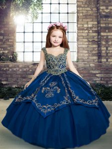 Blue Ball Gowns Straps Sleeveless Tulle Floor Length Lace Up Beading and Embroidery Kids Pageant Dress