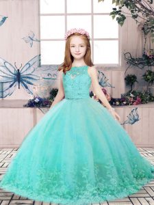 Dynamic Floor Length Aqua Blue Girls Pageant Dresses Tulle Sleeveless Lace and Appliques