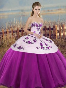 Classical White And Purple Ball Gowns Tulle Sweetheart Sleeveless Embroidery and Bowknot Floor Length Lace Up 15 Quinceanera Dress