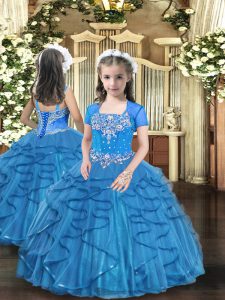 Ball Gowns Little Girl Pageant Dress Baby Blue Straps Tulle Sleeveless Floor Length Lace Up