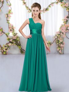 Low Price One Shoulder Sleeveless Dama Dress for Quinceanera Floor Length Belt Peacock Green Chiffon