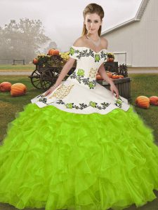 Sleeveless Floor Length Embroidery and Ruffles Lace Up Vestidos de Quinceanera with Yellow Green