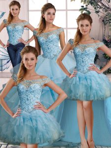 Beading and Ruffles Quinceanera Gown Light Blue Lace Up Sleeveless Floor Length