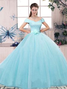 Lace and Hand Made Flower Sweet 16 Dresses Aqua Blue Lace Up Short Sleeves Floor Length