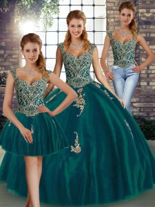 Vintage Sleeveless Floor Length Beading and Appliques Lace Up Quinceanera Gowns with Peacock Green