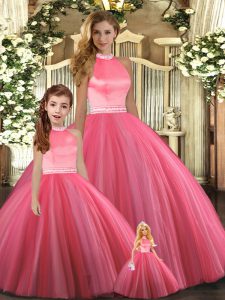Glorious Ball Gowns Quinceanera Gowns Coral Red Halter Top Tulle Sleeveless Floor Length Backless