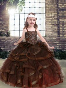 Comfortable Sleeveless Tulle Floor Length Lace Up Child Pageant Dress in Brown with Beading and Ruffles