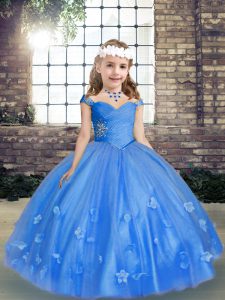 Fabulous Blue Ball Gowns Beading and Hand Made Flower Little Girl Pageant Dress Lace Up Tulle Sleeveless Floor Length