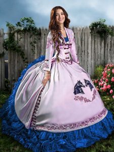 Nice Blue And White Ball Gowns Strapless Sleeveless Satin Floor Length Lace Up Embroidery and Ruffles Quinceanera Gowns