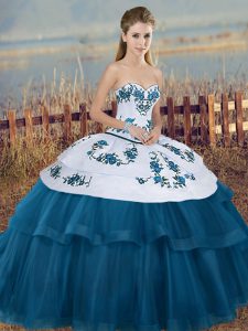 New Arrival Blue And White Ball Gowns Embroidery and Bowknot Quinceanera Dresses Lace Up Tulle Sleeveless Floor Length