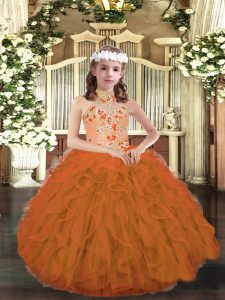 Super Appliques and Ruffles Kids Formal Wear Orange Lace Up Sleeveless Floor Length