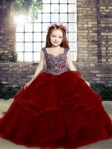 Fitting Sleeveless Lace Up Floor Length Beading and Ruffles Child Pageant Dress