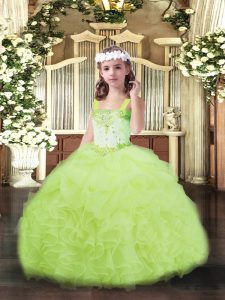 Latest Yellow Green Ball Gowns Beading and Ruffles and Pick Ups Kids Formal Wear Lace Up Organza Sleeveless Floor Length