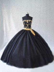 Customized Sleeveless Tulle Floor Length Lace Up Sweet 16 Dresses in Black with Appliques