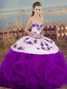 Hot Selling Sleeveless Floor Length Embroidery and Ruffles and Bowknot Lace Up Quince Ball Gowns with White And Purple