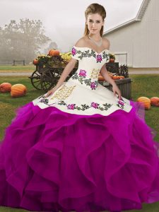Sleeveless Tulle Floor Length Lace Up Quinceanera Gowns in White And Purple with Embroidery and Ruffles