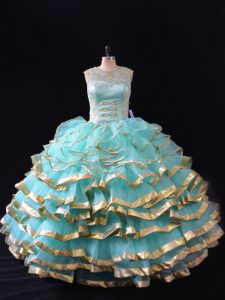 Floor Length Apple Green Ball Gown Prom Dress Organza Sleeveless Ruffled Layers
