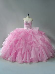 Perfect Organza Sweetheart Sleeveless Lace Up Beading and Ruffles Sweet 16 Dresses in Baby Pink