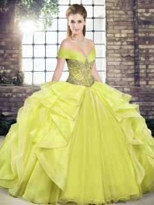 Organza Off The Shoulder Sleeveless Lace Up Beading and Ruffles 15th Birthday Dress in Yellow