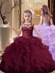 Enchanting Lace Up Little Girls Pageant Dress Burgundy for Party and Wedding Party with Beading and Ruffles Brush Train