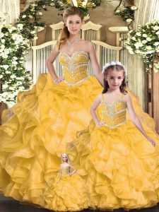 Hot Selling Sleeveless Organza Floor Length Lace Up 15th Birthday Dress in Gold with Beading and Ruffles