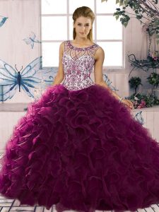 Trendy Dark Purple Ball Gowns Organza Scoop Sleeveless Beading and Ruffles Floor Length Lace Up Quinceanera Dress