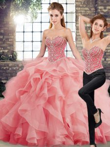 Sweetheart Sleeveless Brush Train Lace Up 15th Birthday Dress Watermelon Red Tulle