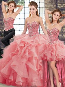 Tulle Sweetheart Sleeveless Brush Train Lace Up Beading and Ruffles Quince Ball Gowns in Watermelon Red