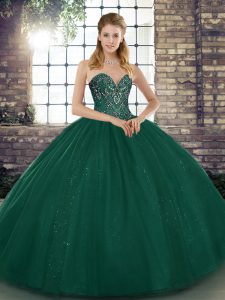 Most Popular Peacock Green Ball Gowns Sweetheart Sleeveless Tulle Floor Length Lace Up Beading 15th Birthday Dress