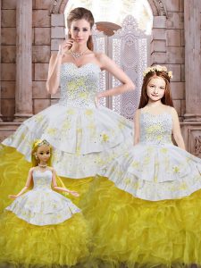 Glorious Beading and Appliques and Ruffles 15th Birthday Dress Yellow And White Lace Up Sleeveless Floor Length