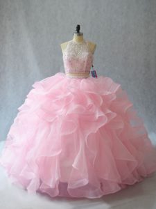 Enchanting Baby Pink Sleeveless Brush Train Beading and Ruffles Quinceanera Gown