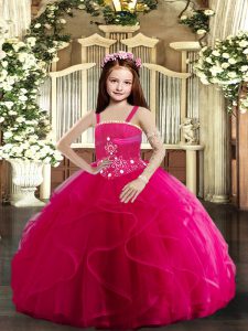 Affordable Sleeveless Floor Length Beading and Ruffles Lace Up Child Pageant Dress with Hot Pink