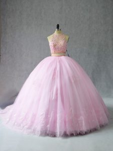 Popular Baby Pink Two Pieces Tulle Halter Top Sleeveless Beading and Appliques Zipper Quinceanera Gown Court Train