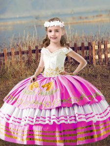 Ideal Lilac Lace Up Off The Shoulder Embroidery Pageant Gowns For Girls Satin Sleeveless