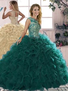 On Sale Floor Length Ball Gowns Sleeveless Peacock Green 15 Quinceanera Dress Lace Up