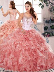 Watermelon Red Sleeveless Organza Clasp Handle Vestidos de Quinceanera for Military Ball and Sweet 16 and Quinceanera