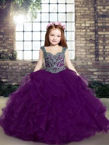 Fabulous Eggplant Purple Ball Gowns Tulle Straps Sleeveless Beading and Ruffles Floor Length Lace Up Pageant Dress Toddler