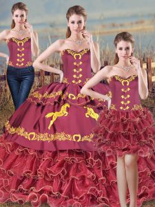 Burgundy Satin and Organza Lace Up 15th Birthday Dress Sleeveless Brush Train Embroidery and Ruffles