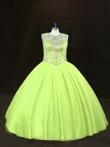 Custom Designed Scoop Sleeveless Quinceanera Gowns Floor Length Beading Yellow Green Tulle
