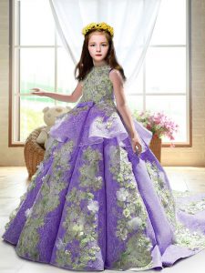 Excellent Lavender Satin Backless Little Girl Pageant Dress Sleeveless Court Train Appliques